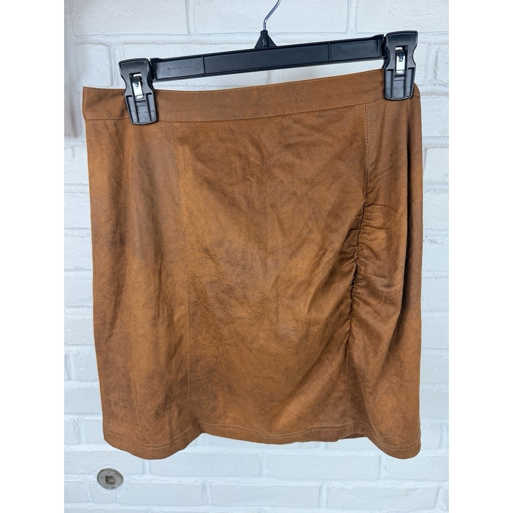 Free People Womens L Brown Faux Suede Ruched Mini Skirt Western Boho Stretch